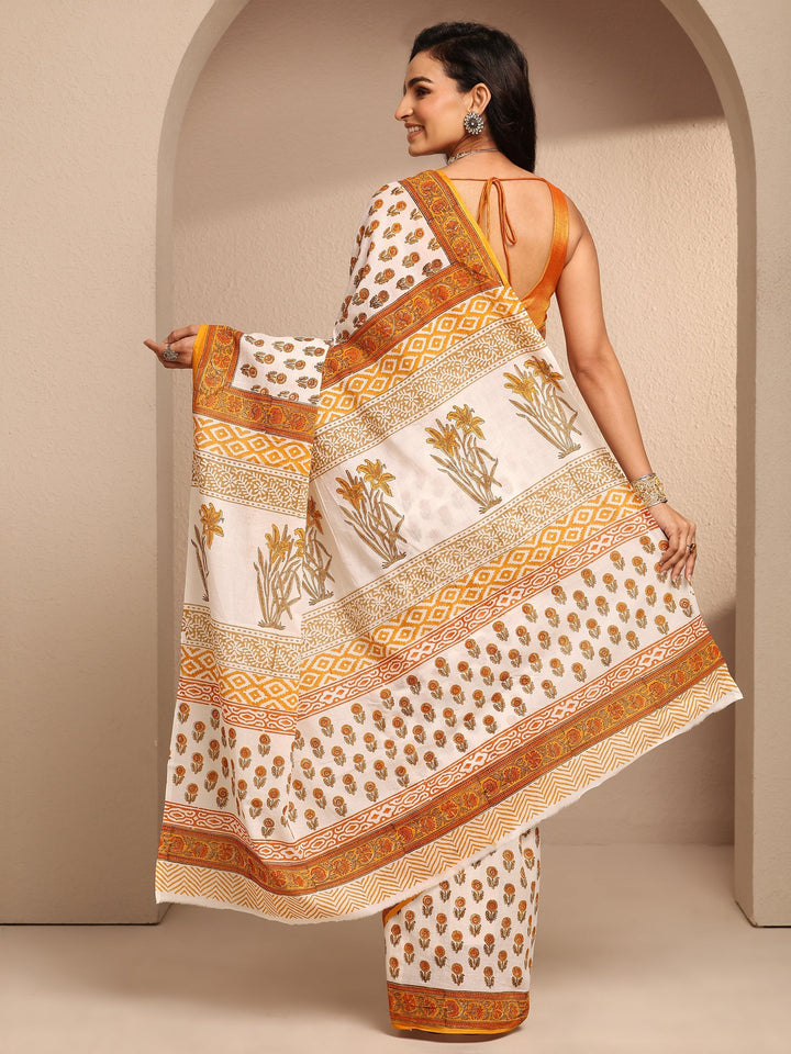 White Printed Cotton Saree With Unstitched Blouse Piece