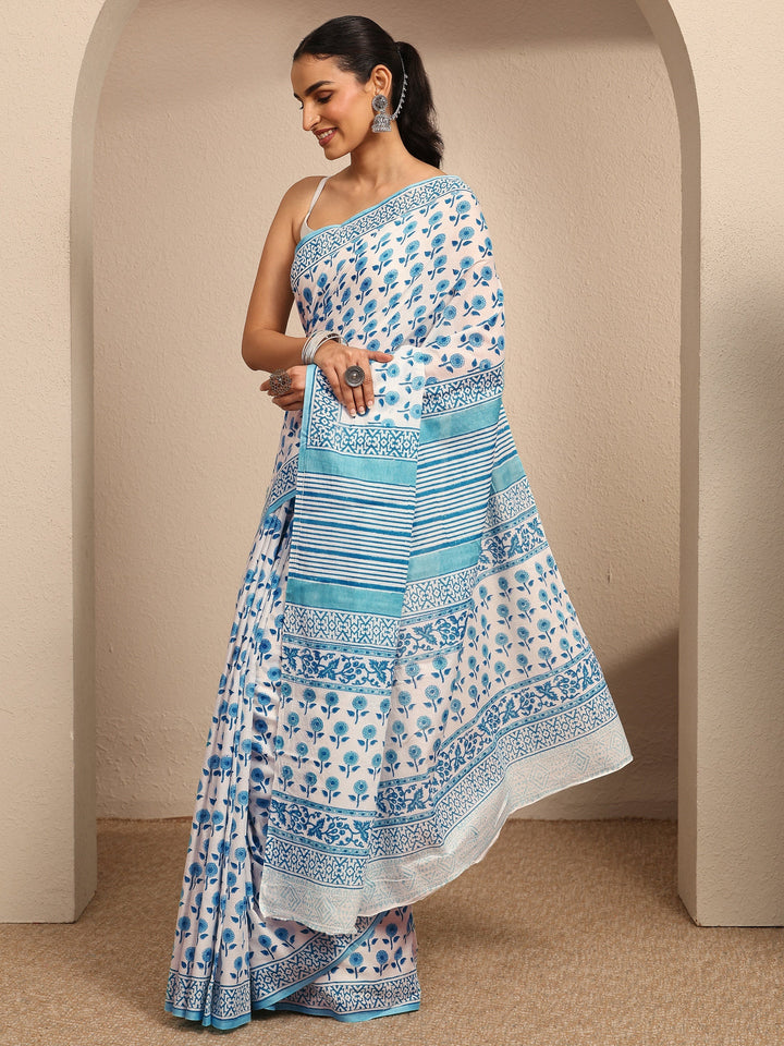 White Printed Cotton Saree With Unstitched Blouse Piece