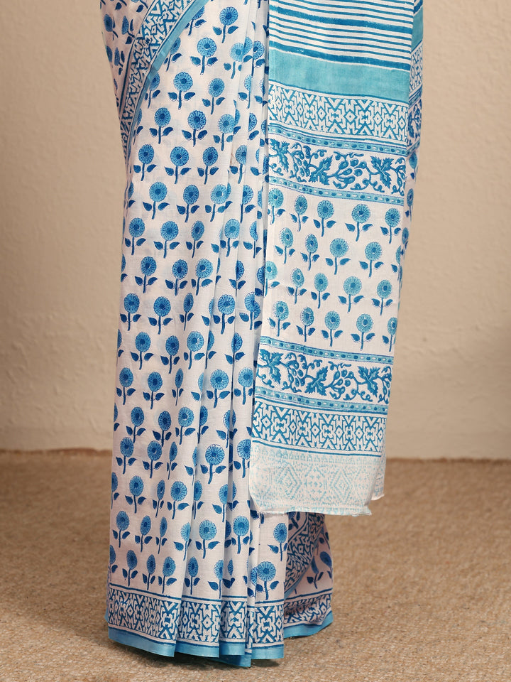 White Printed Cotton Saree With Unstitched Blouse Piece