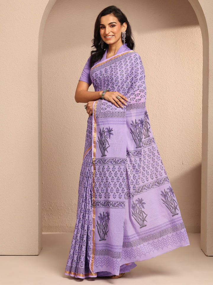 Lavender Printed Cotton Saree With Unstitched Blouse Piece