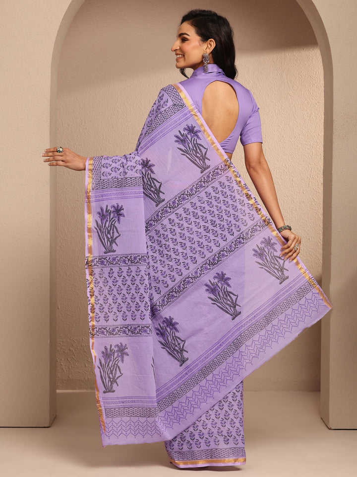 Lavender Printed Cotton Saree With Unstitched Blouse Piece