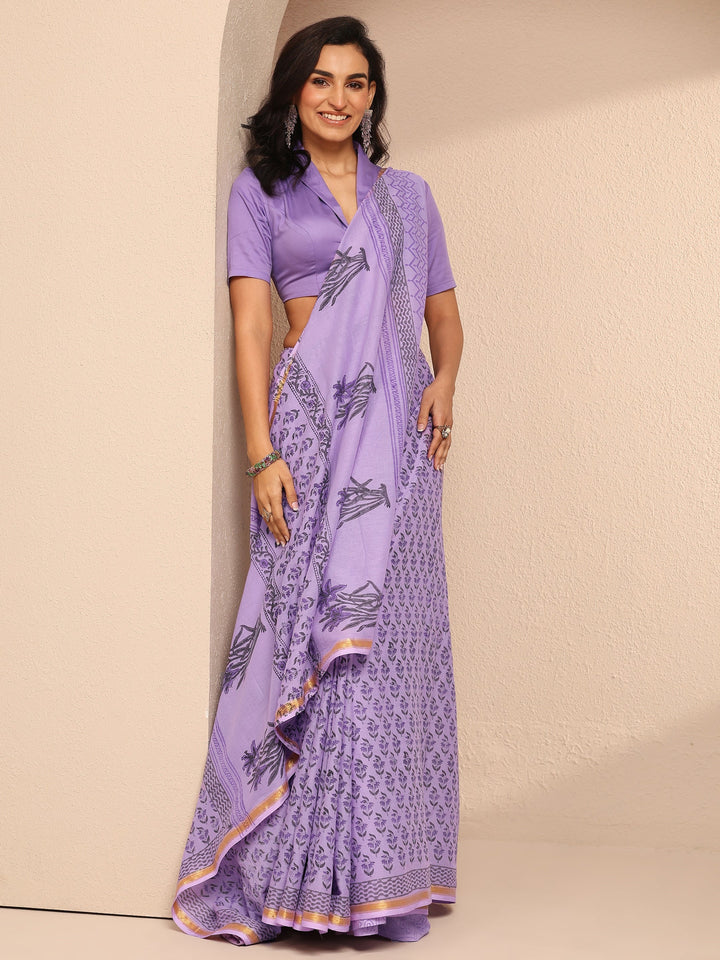 Lavender Printed Cotton Saree With Unstitched Blouse Piece