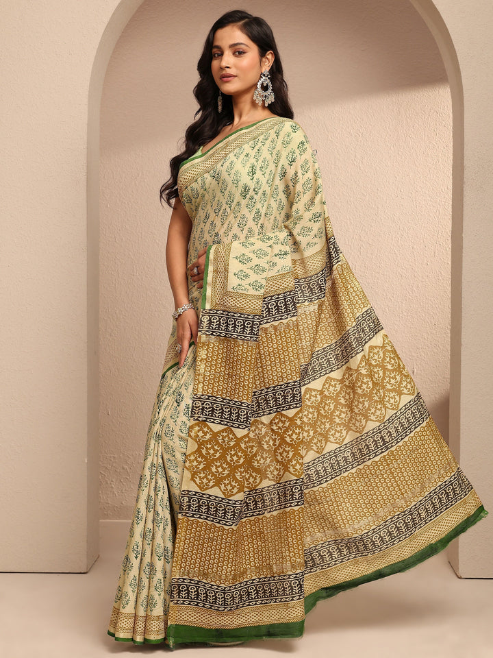 Khaki Printed Cotton Saree With Unstitched Blouse Piece
