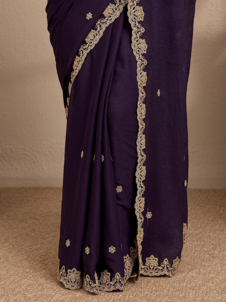 Purple Embroidered Silk Blend Saree With Unstitched Blouse Piece