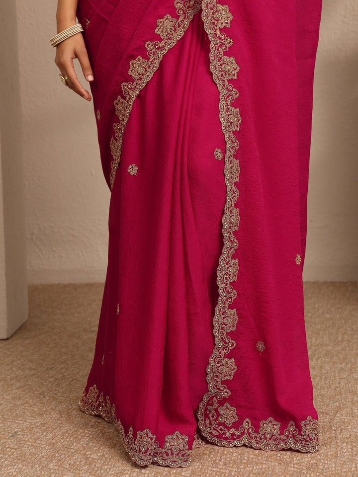 Pink Embroidered Silk Blend Saree With Unstitched Blouse Piece