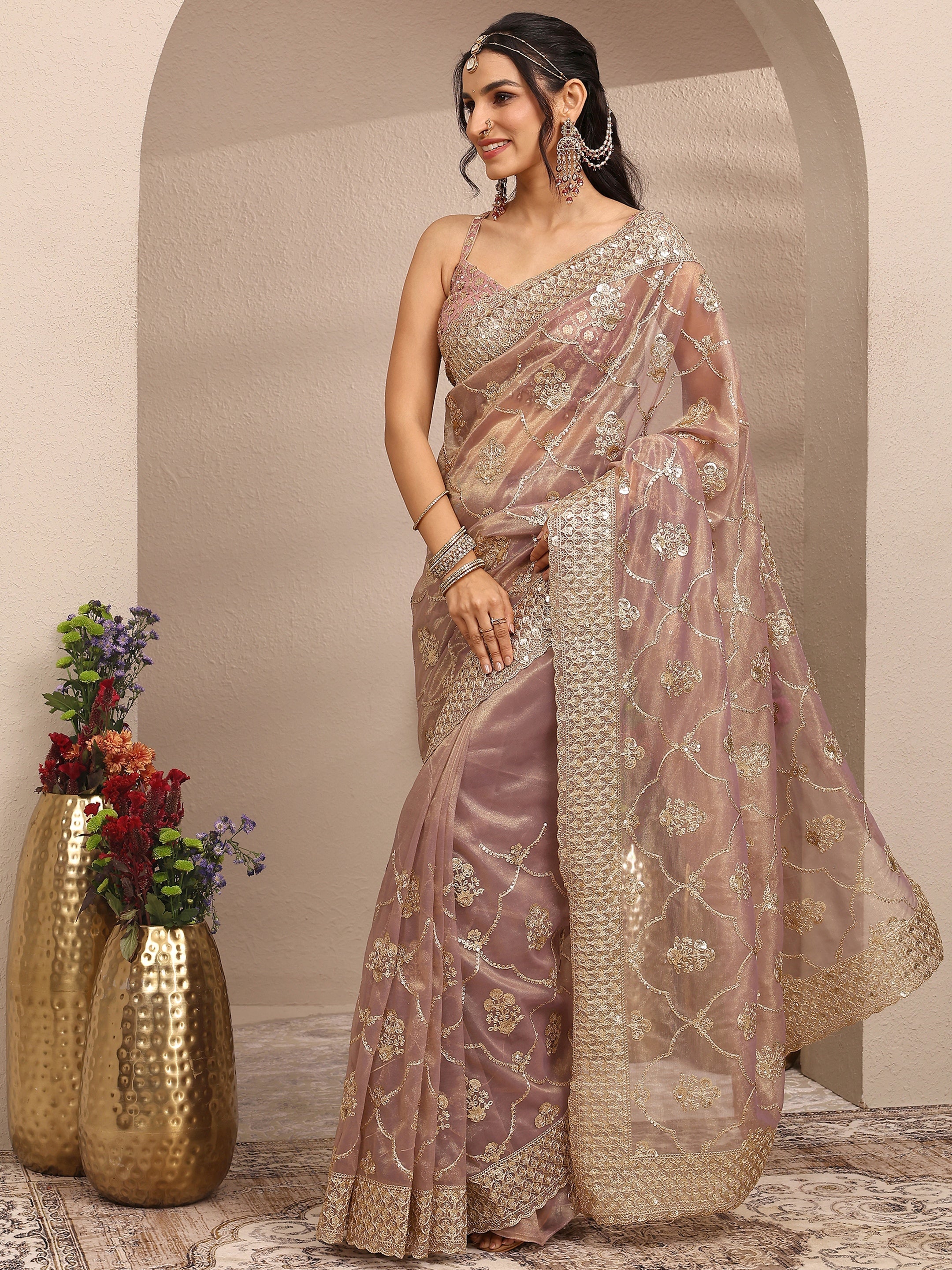 Buy Mauve Embroidered Organza Saree With Unstitched Blouse Piece