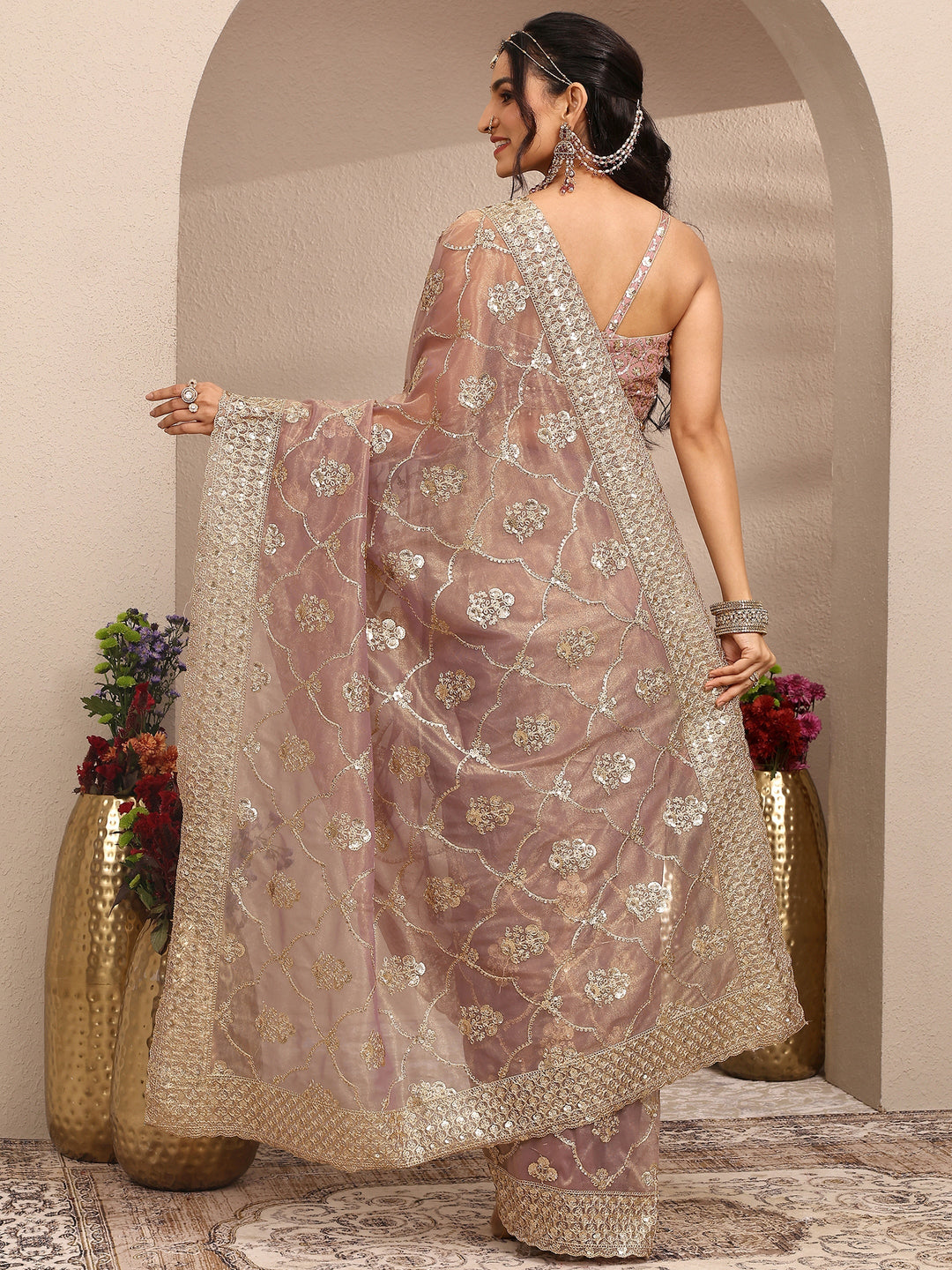 Mauve Embroidered Organza Saree With Unstitched Blouse Piece