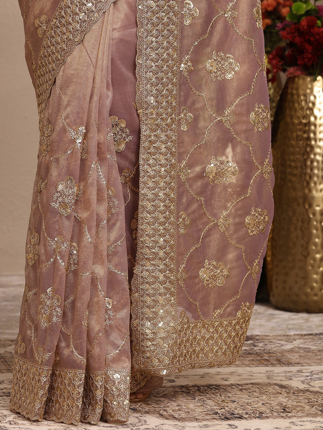 Mauve Embroidered Organza Saree With Unstitched Blouse Piece