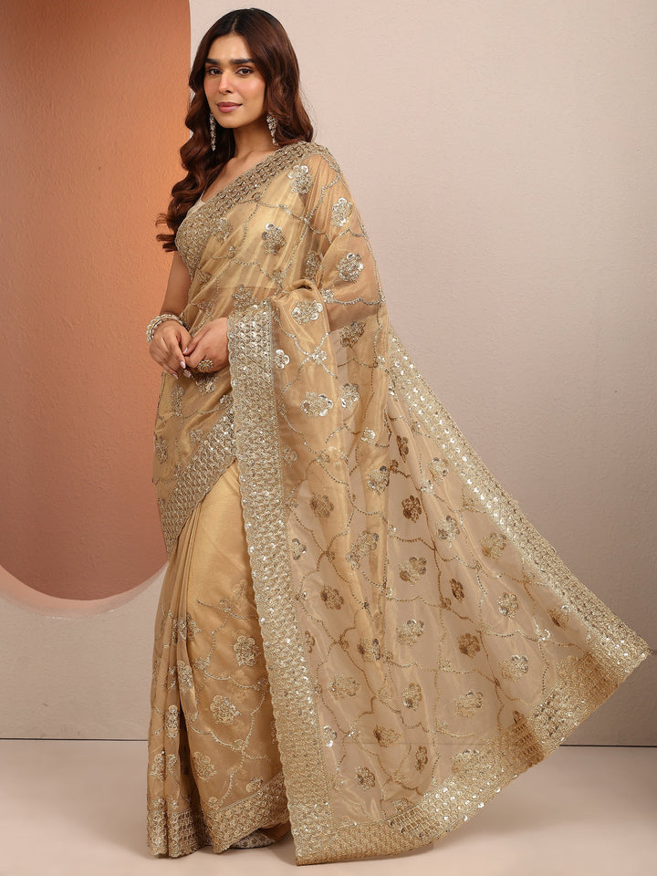 Tan Embroidered Organza Saree With Unstitched Blouse Piece