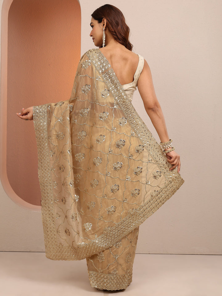 Tan Embroidered Organza Saree With Unstitched Blouse Piece