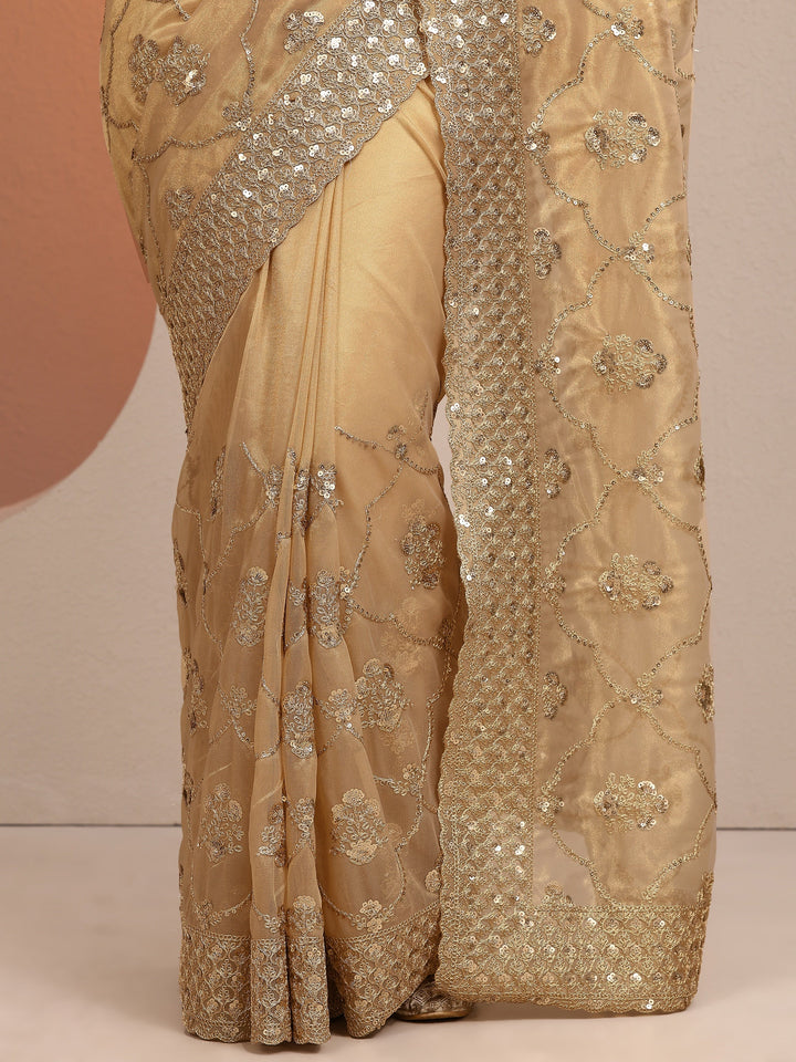 Tan Embroidered Organza Saree With Unstitched Blouse Piece