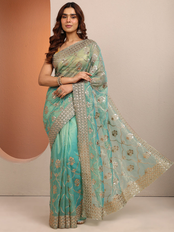 Green Embroidered Organza Saree With Unstitched Blouse Piece