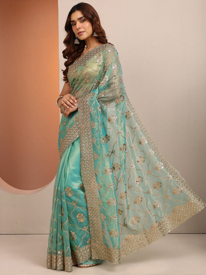 Green Embroidered Organza Saree With Unstitched Blouse Piece