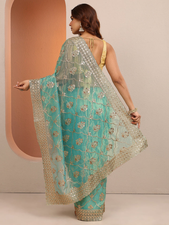 Green Embroidered Organza Saree With Unstitched Blouse Piece