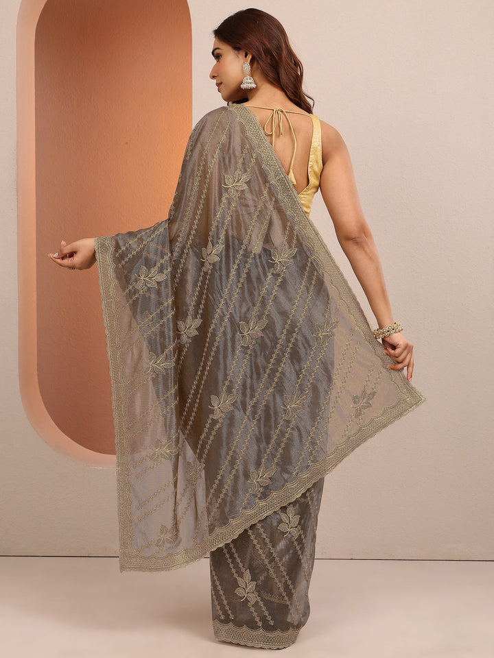Grey Embroidered Organza Saree With Unstitched Blouse Piece