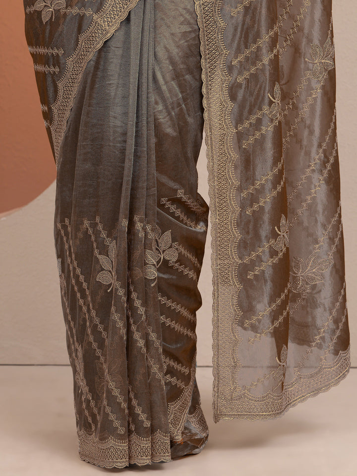 Grey Embroidered Organza Saree With Unstitched Blouse Piece