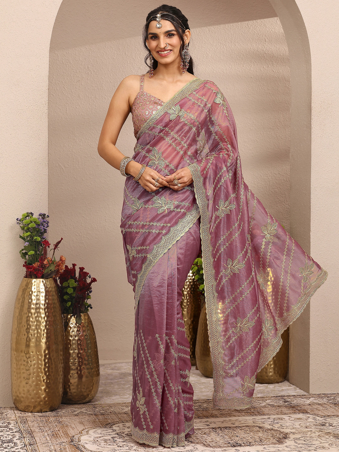 Purple Embroidered Organza Saree With Unstitched Blouse Piece
