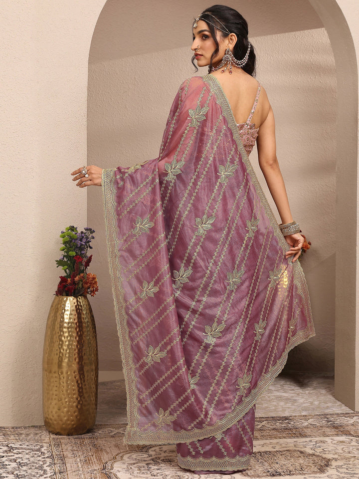 Purple Embroidered Organza Saree With Unstitched Blouse Piece