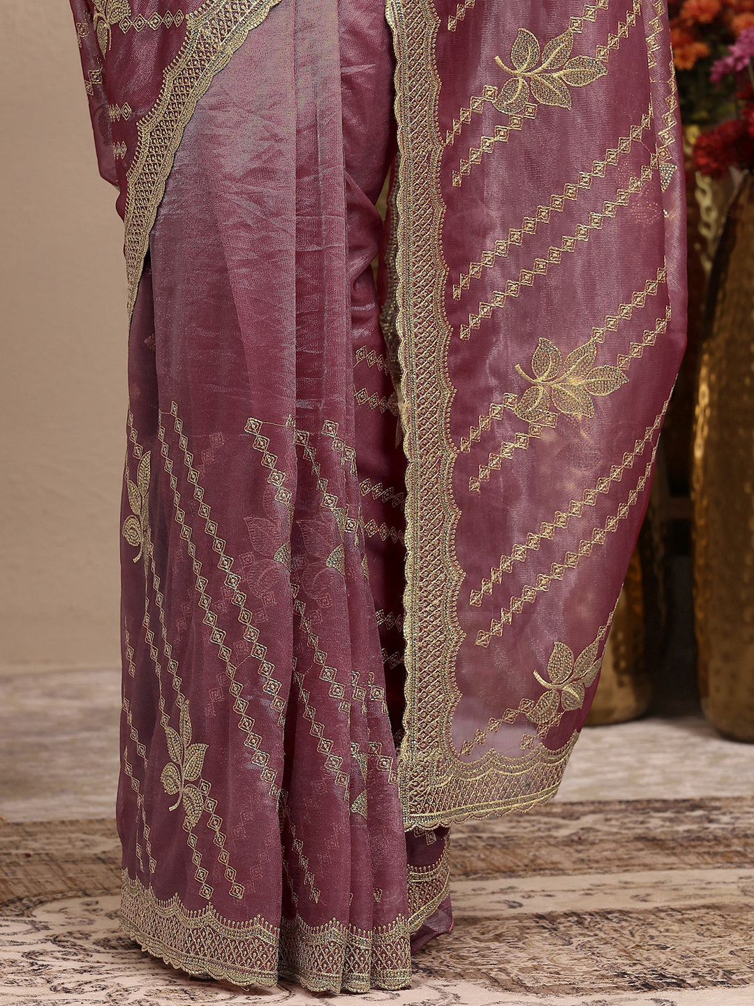 Purple Embroidered Organza Saree With Unstitched Blouse Piece