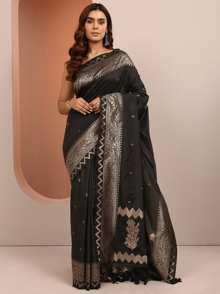Black Woven Design Banarsi Silk Blend Saree With Unstitched Blouse Piece
