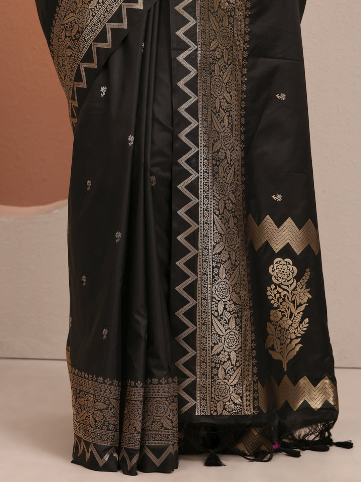 Black Woven Design Banarsi Silk Blend Saree With Unstitched Blouse Piece