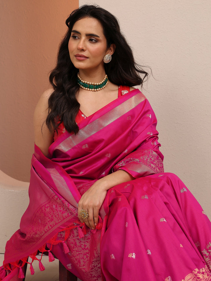 Pink Woven Design Banarsi Silk Blend Saree With Unstitched Blouse Piece