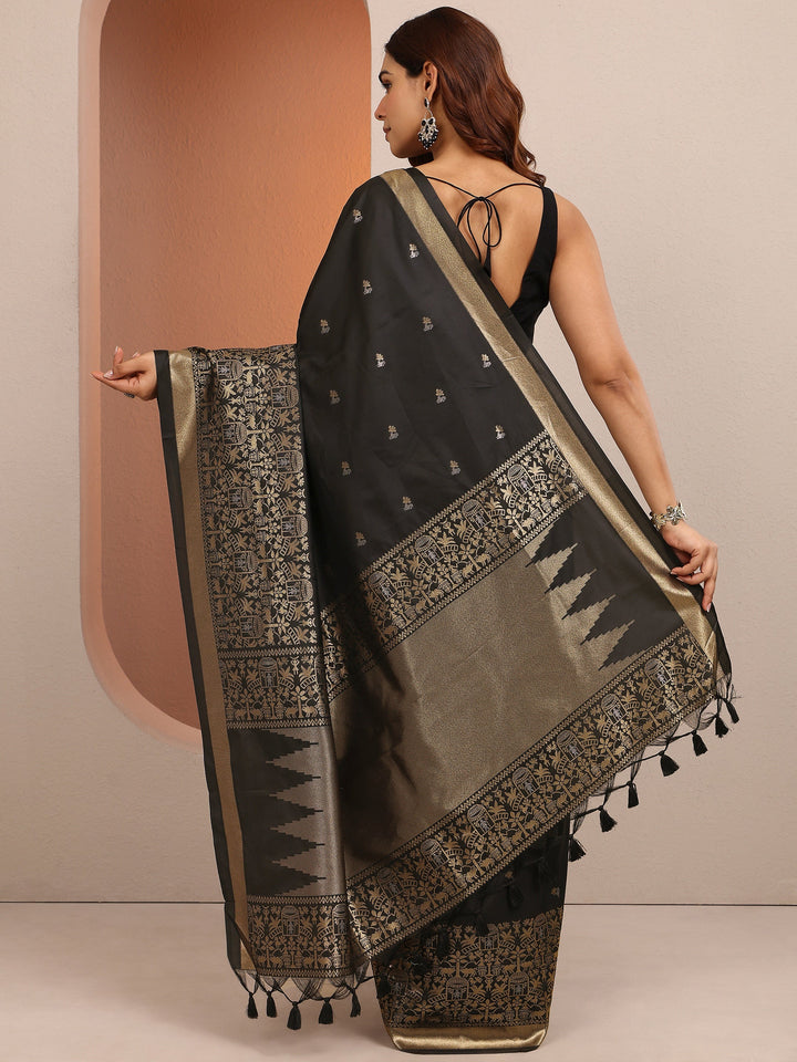 Black Woven Design Banarsi Silk Blend Saree With Unstitched Blouse Piece