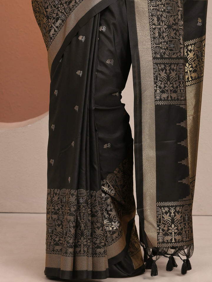 Black Woven Design Banarsi Silk Blend Saree With Unstitched Blouse Piece
