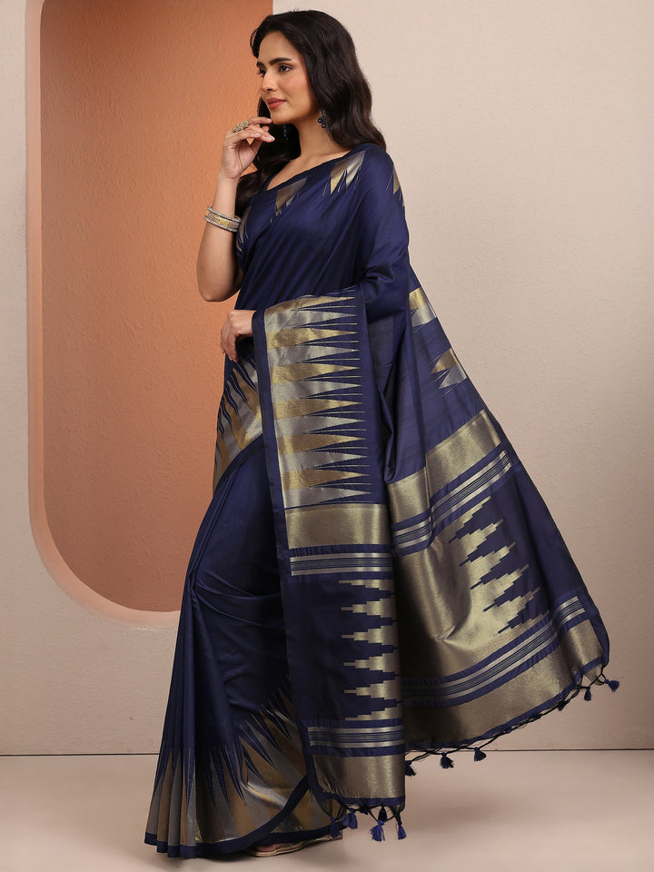 Blue Solid Silk Blend Saree With Unstitched Blouse Piece
