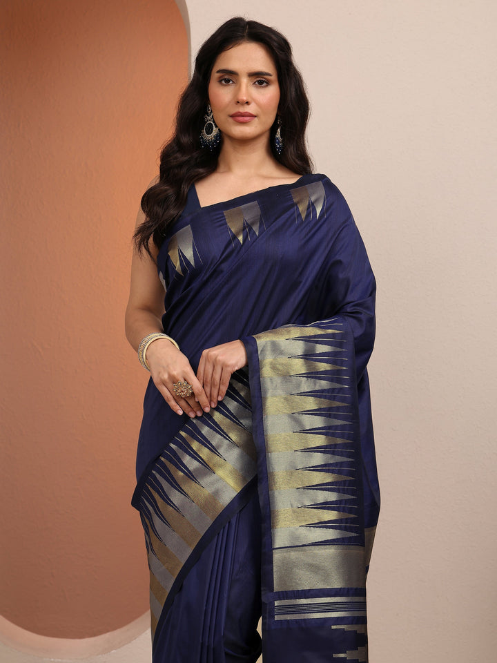 Blue Solid Silk Blend Saree With Unstitched Blouse Piece