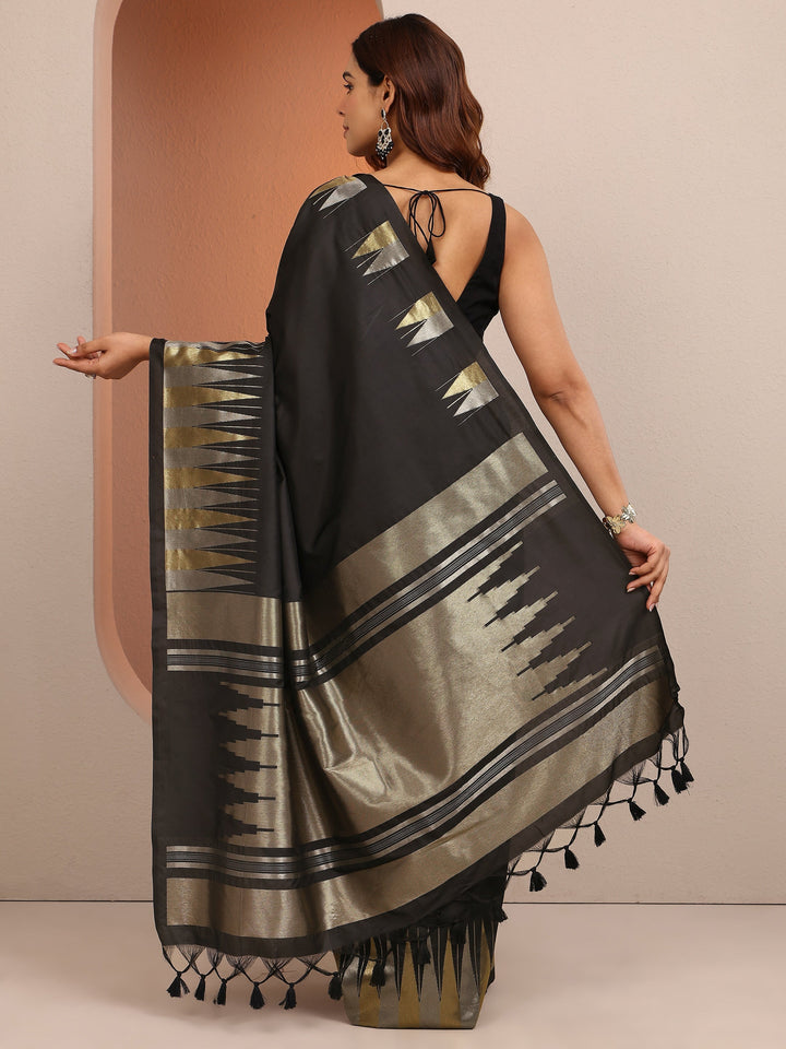 Black Woven Design Banarsi Silk Blend Saree With Unstitched Blouse Piece