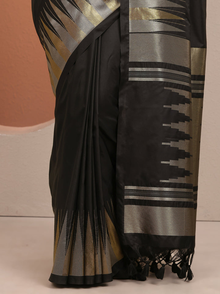Black Woven Design Banarsi Silk Blend Saree With Unstitched Blouse Piece