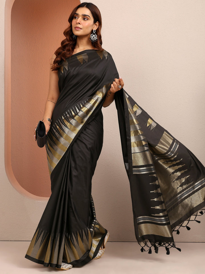 Black Woven Design Banarsi Silk Blend Saree With Unstitched Blouse Piece