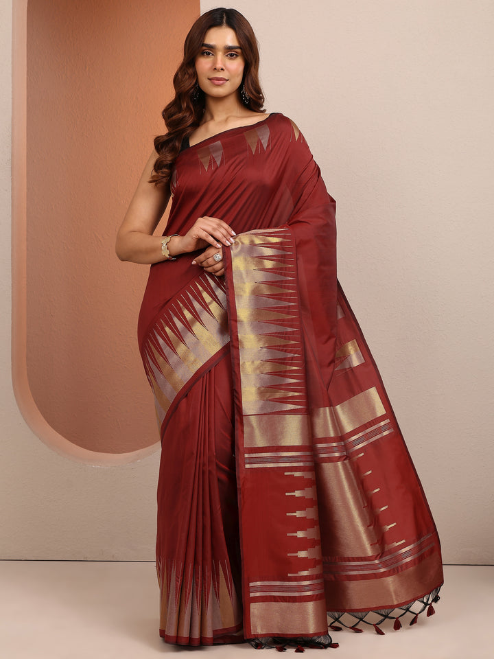 Red Solid Silk Blend Saree With Unstitched Blouse Piece