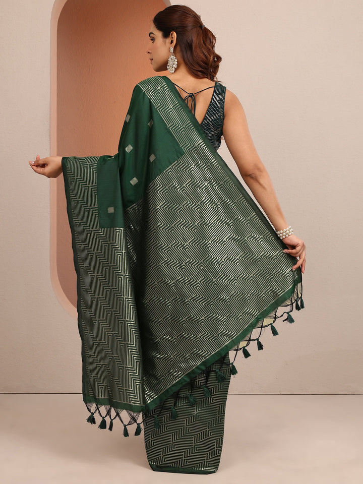 Green Geometric Woven Design Silk Blend Saree With Unstitched Blouse Piece