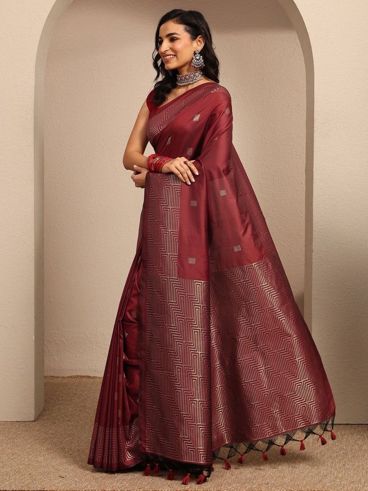 Maroon Geometric Woven Design Silk Blend Saree With Unstitched Blouse Piece