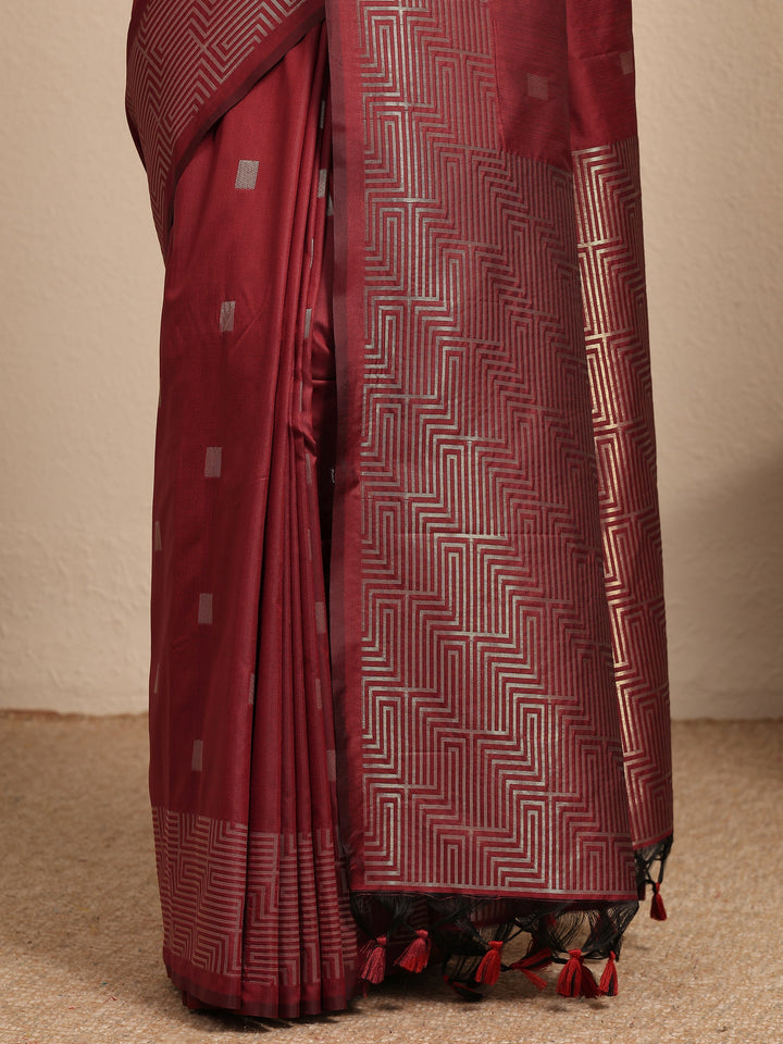 Maroon Geometric Woven Design Silk Blend Saree With Unstitched Blouse Piece