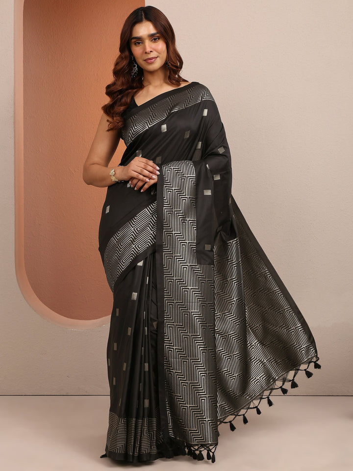 Black Geometric Woven Design Silk Blend Saree With Unstitched Blouse Piece