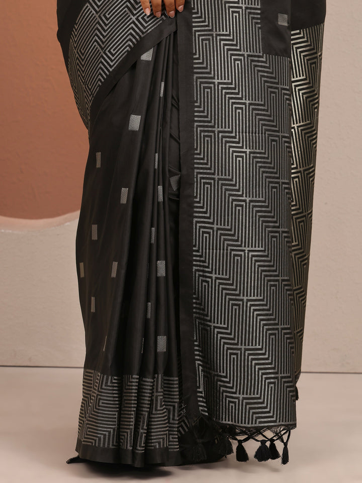 Black Geometric Woven Design Silk Blend Saree With Unstitched Blouse Piece