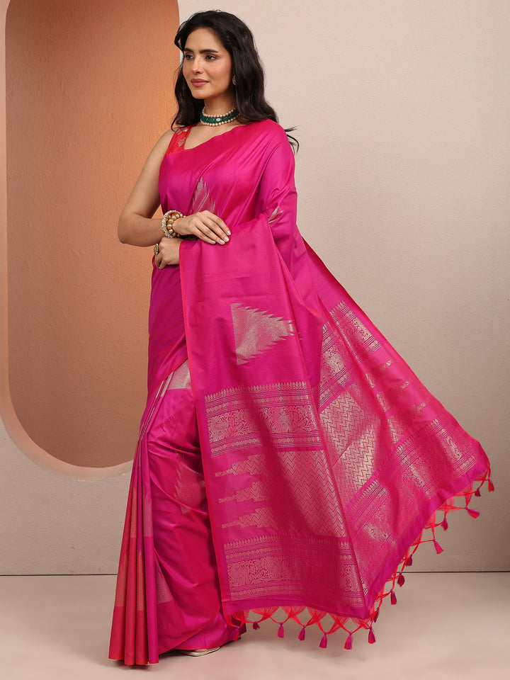 Pink Solid Silk Blend Saree With Unstitched Blouse Piece
