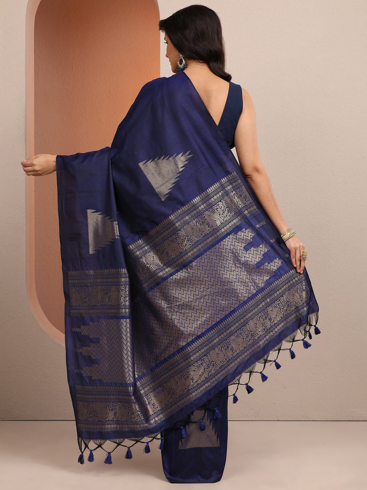 Navy Blue Solid Silk Blend Saree With Unstitched Blouse Piece
