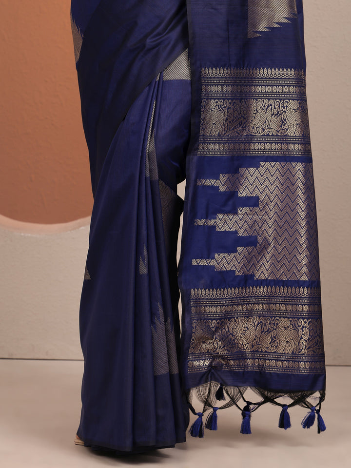 Navy Blue Solid Silk Blend Saree With Unstitched Blouse Piece