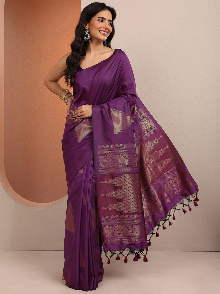 Purple Solid Silk Blend Saree With Unstitched Blouse Piece