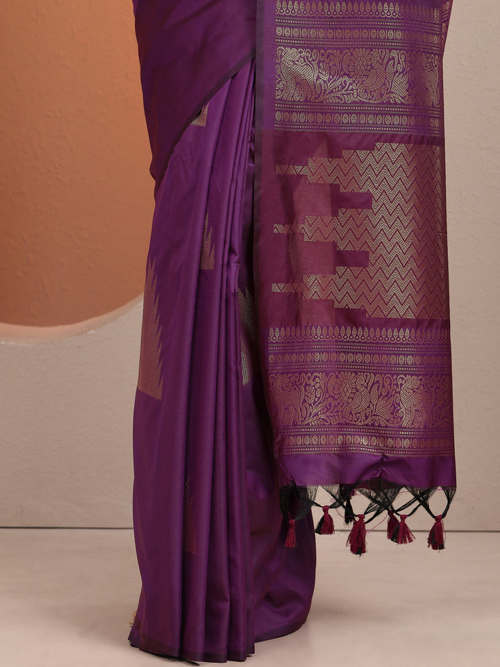 Purple Solid Silk Blend Saree With Unstitched Blouse Piece