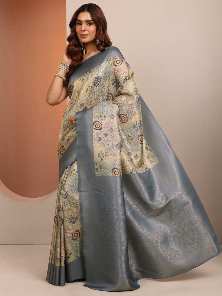 Beige Printed Silk Blend Saree With Unstitched Blouse Piece