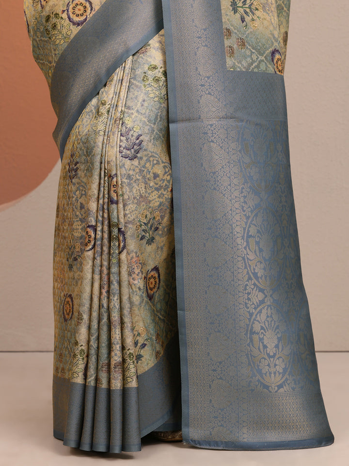 Beige Printed Silk Blend Saree With Unstitched Blouse Piece