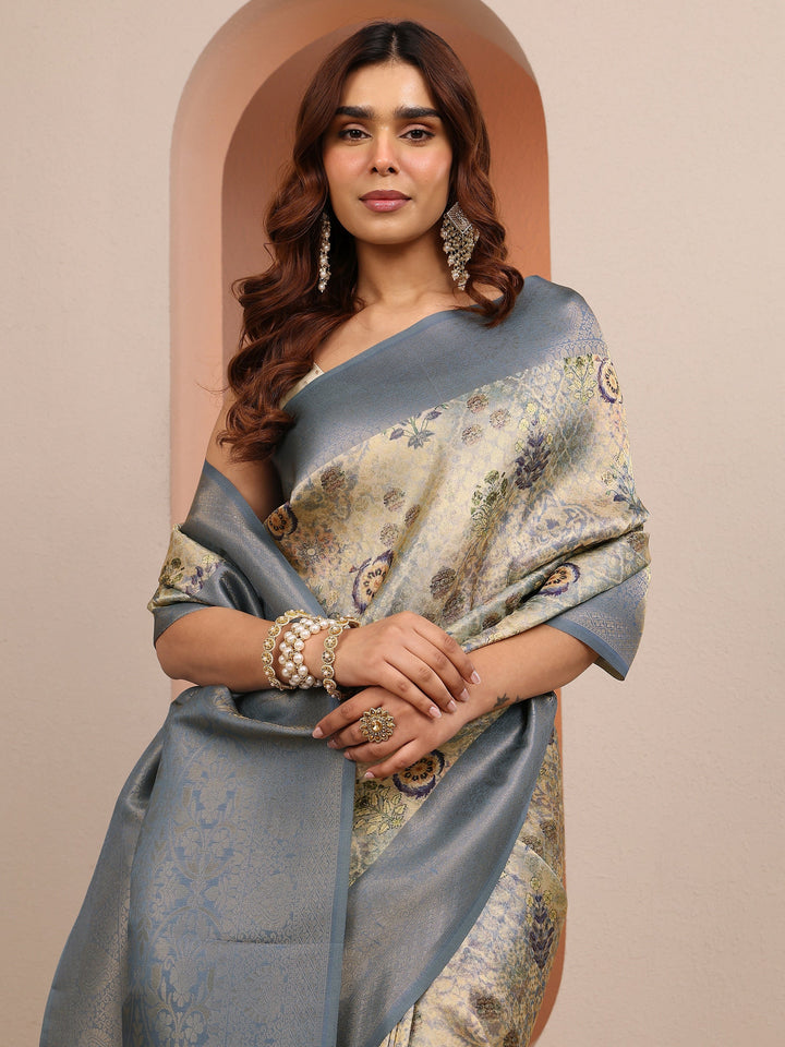 Beige Printed Silk Blend Saree With Unstitched Blouse Piece