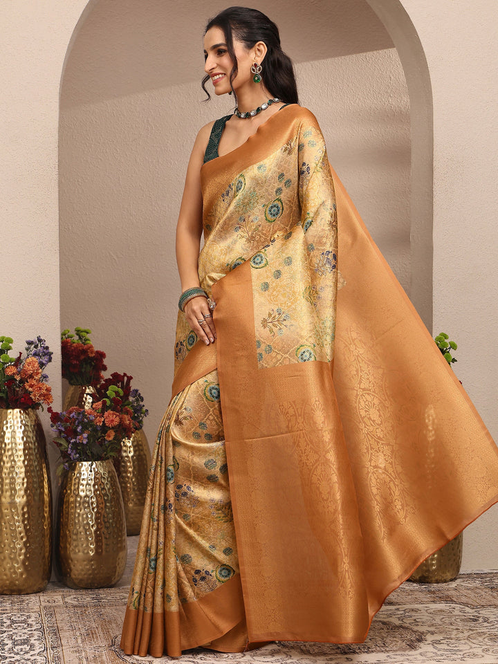 Orange Printed Silk Blend Saree With Unstitched Blouse Piece