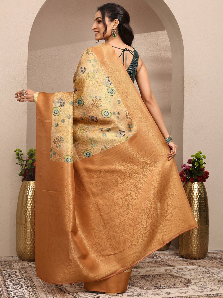 Orange Printed Silk Blend Saree With Unstitched Blouse Piece