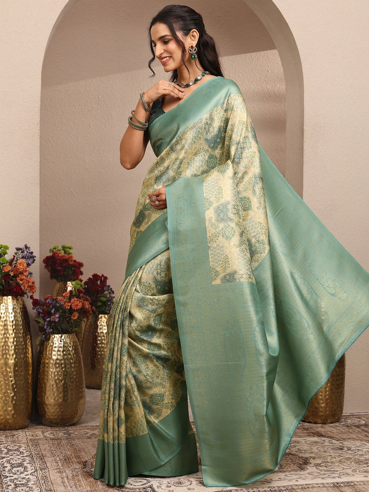 Green Printed Silk Blend Saree With Unstitched Blouse Piece
